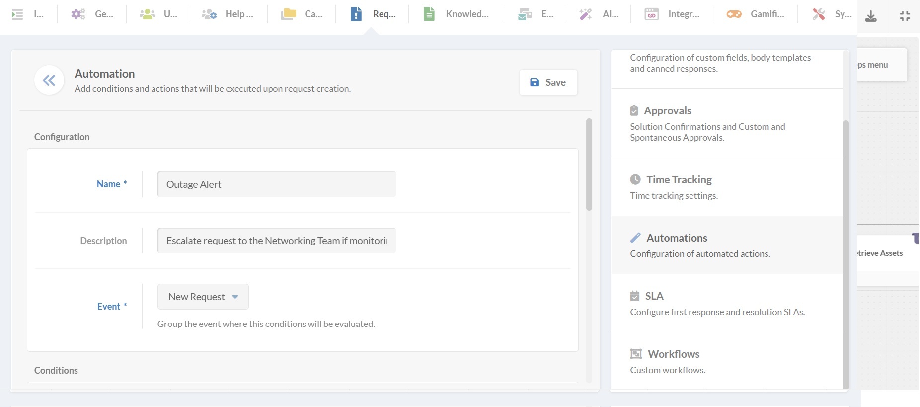 Captura de tela das configurações de automação para encaminhamento de tickets no InvGate Service Management.