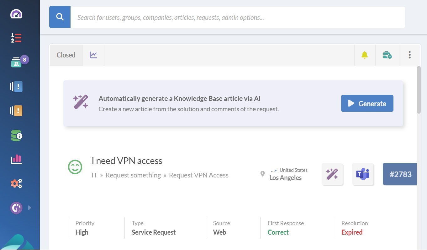 Screenshot of generating a Knowledge base article from a resolved ticket in InvGate Service Management