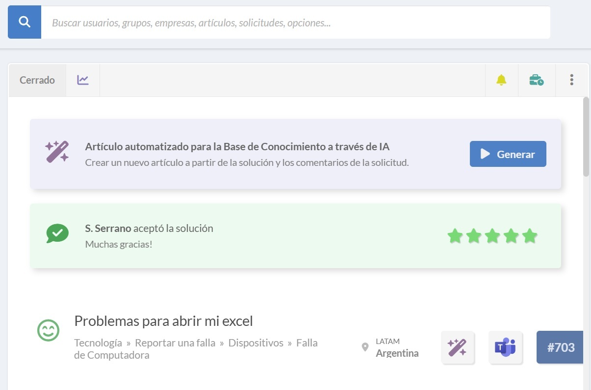 Captura de pantalla de la generación de un artículo desde un ticket resuelto en InvGate Service Management.