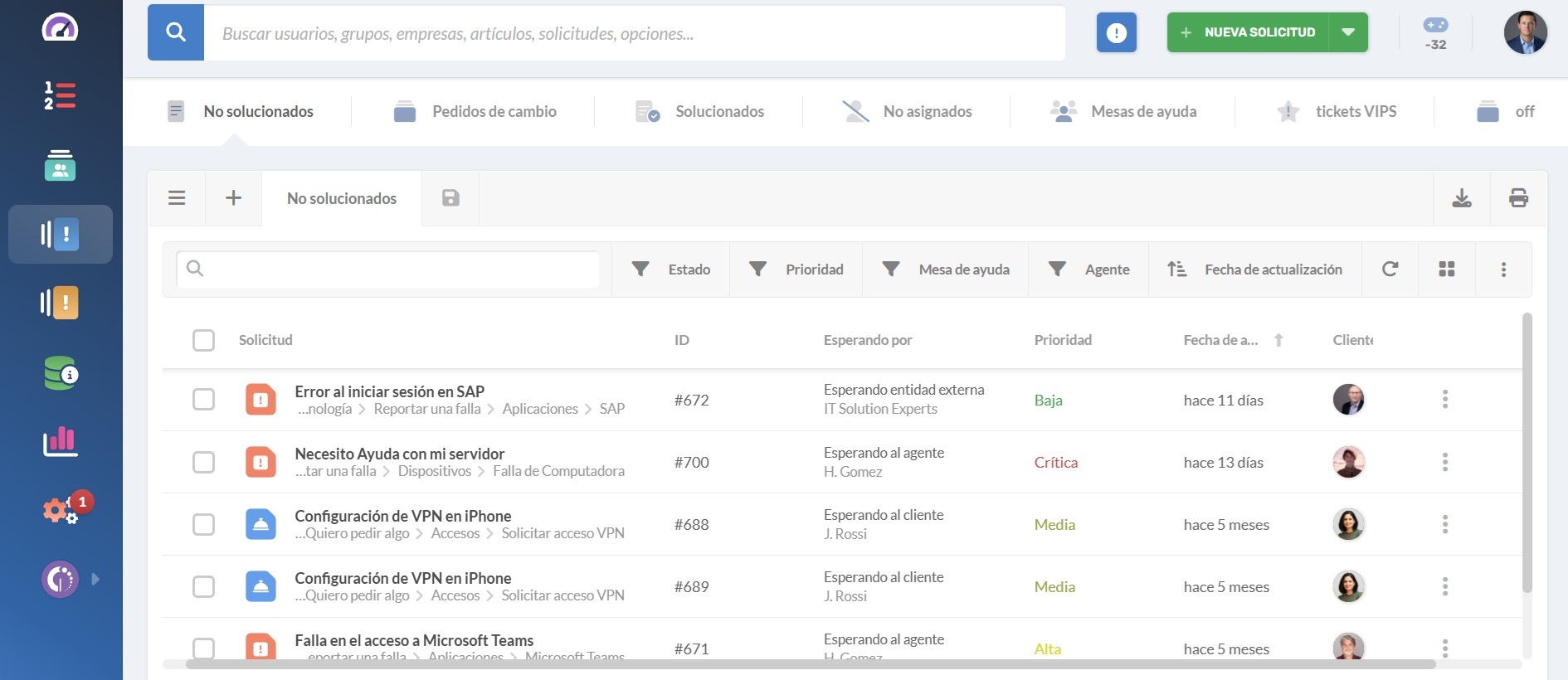 Vista de solicitudes para gerentes de help desk en InvGate Service Management.