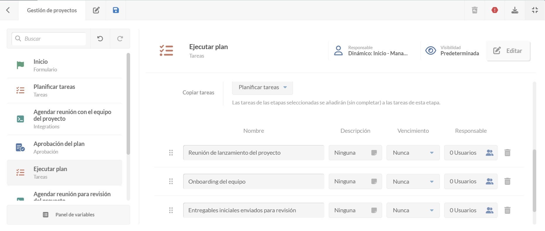 Captura de pantalla de la lista de tareas para el paso de ejecución en un flujo de trabajo de Gestión de Proyectos.