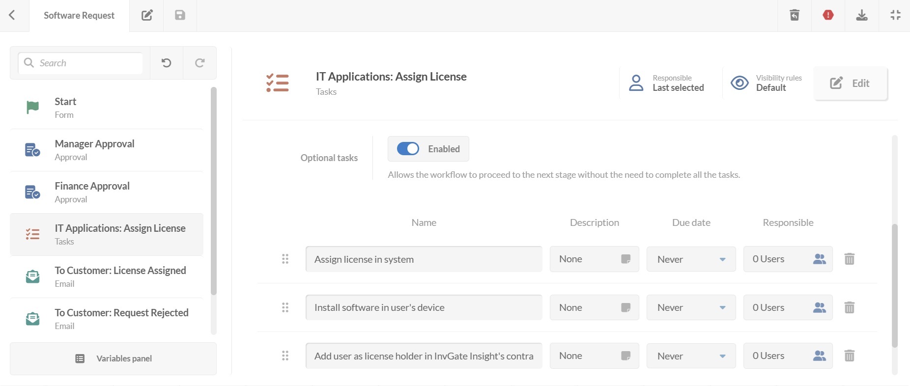 Screenshot of the list of tasks for the assigned licenses step in InvGate Service Management.