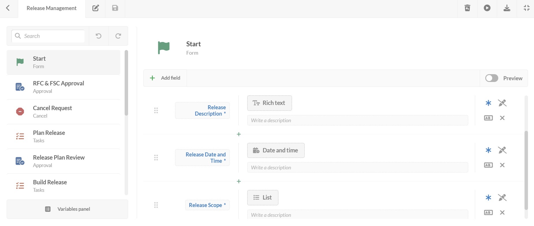Screenshot of start form for Release Management workflow in InvGate Service Management.