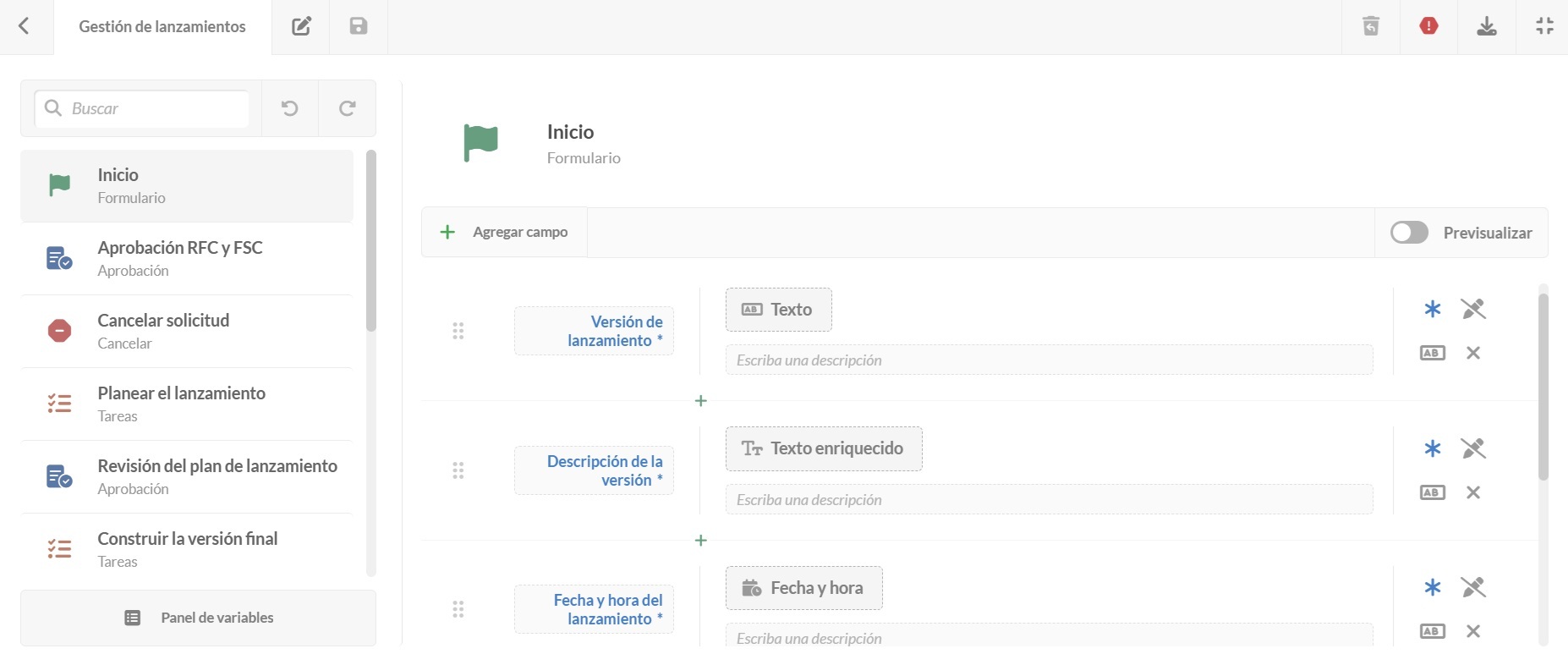 Captura de pantalla del formulario de inicio para el flujo de Release Management en InvGate Service Management.