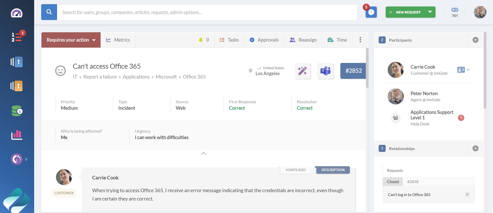 Screenshot of an open ticket view in InvGate Service Management.