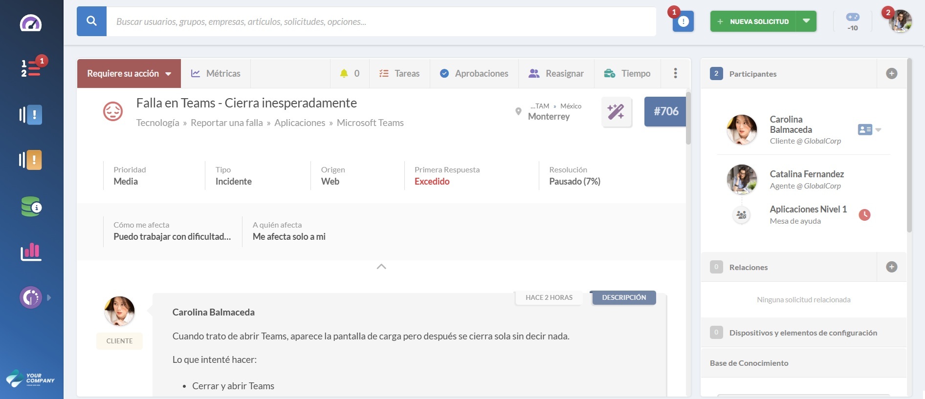 Captura de un ticket abierto en InvGate Service Management.
