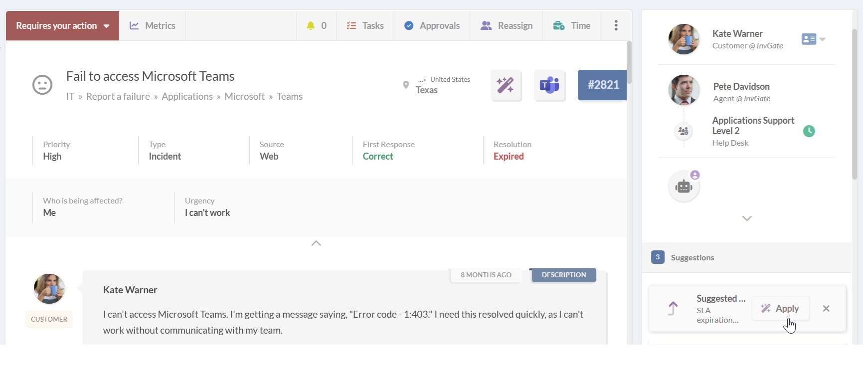 Recurso de escalonamento inteligente de solicitações com IA no InvGate Service Management.