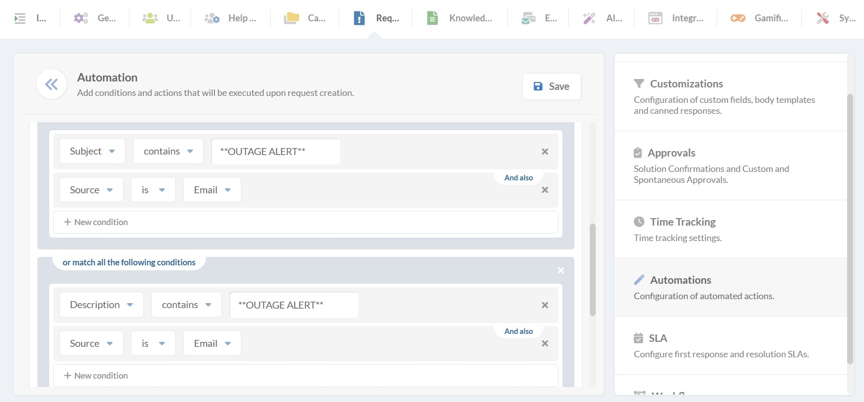 Captura de tela da configuração de automação para solicitações no InvGate Service Management, adicionando condições e ações.