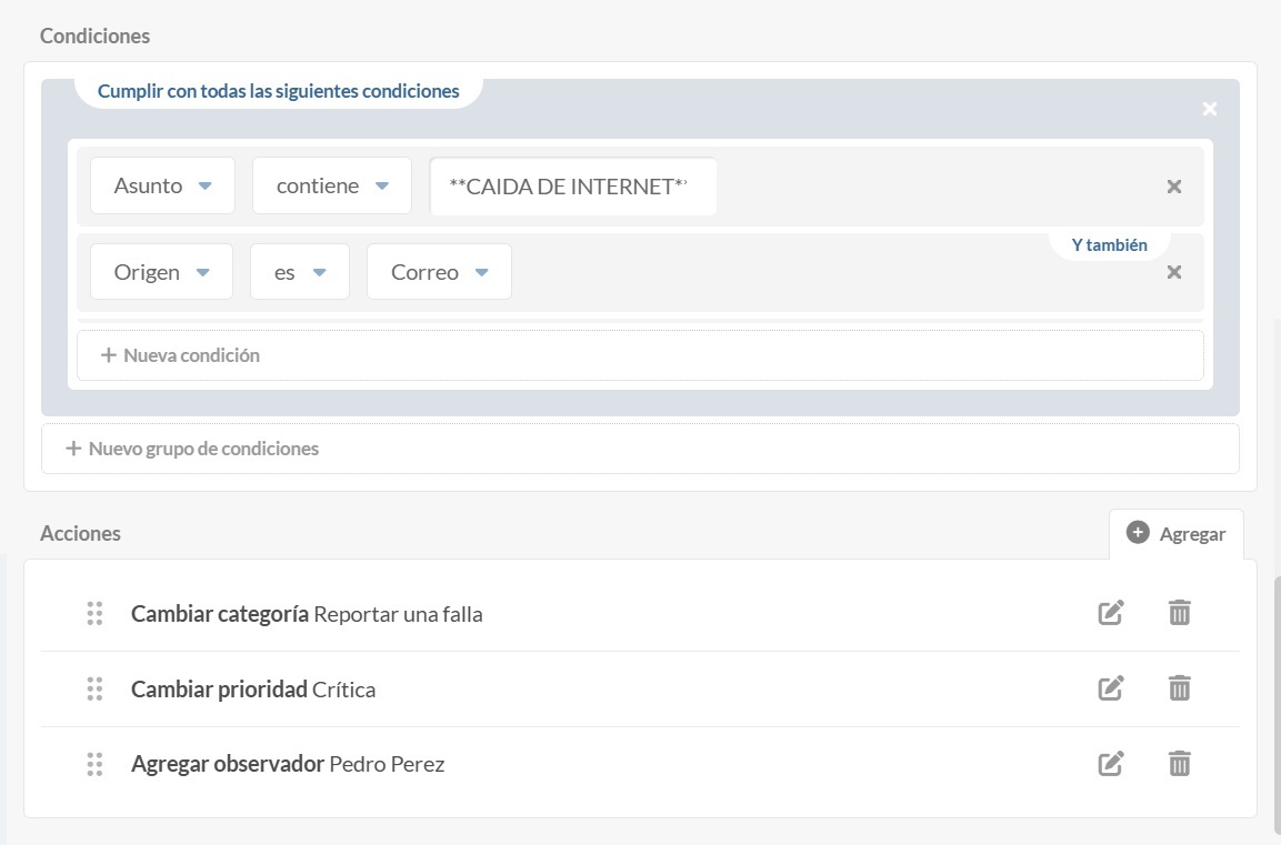 Configuración de automatizaciones para solicitudes en InvGate Service Management, agregar condiciones y acciones.