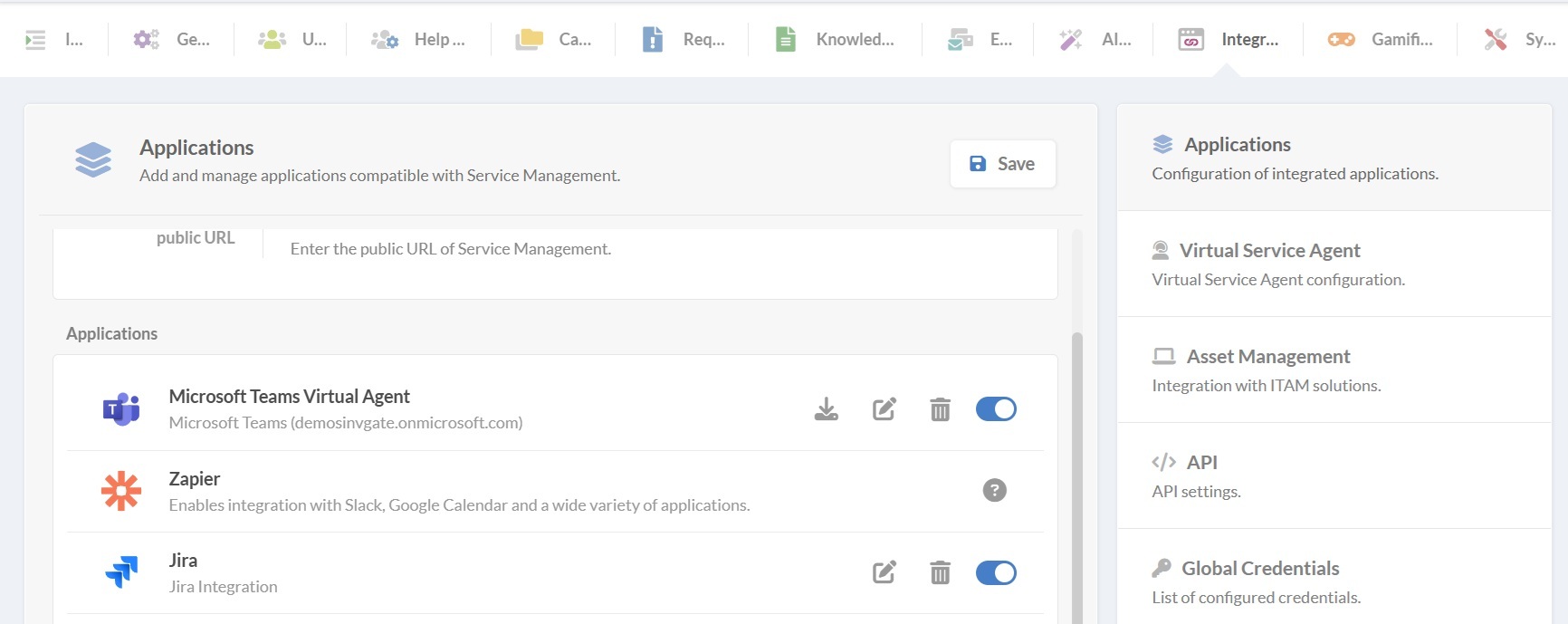 Screenshot of integrations, enabling Virtual Service Agent for Microsoft Teams in InvGate Service Management