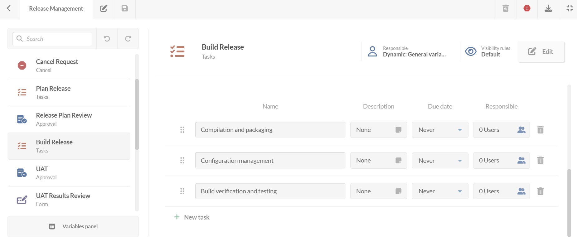 Screenshot of the release planning task list in InvGate Service Management.