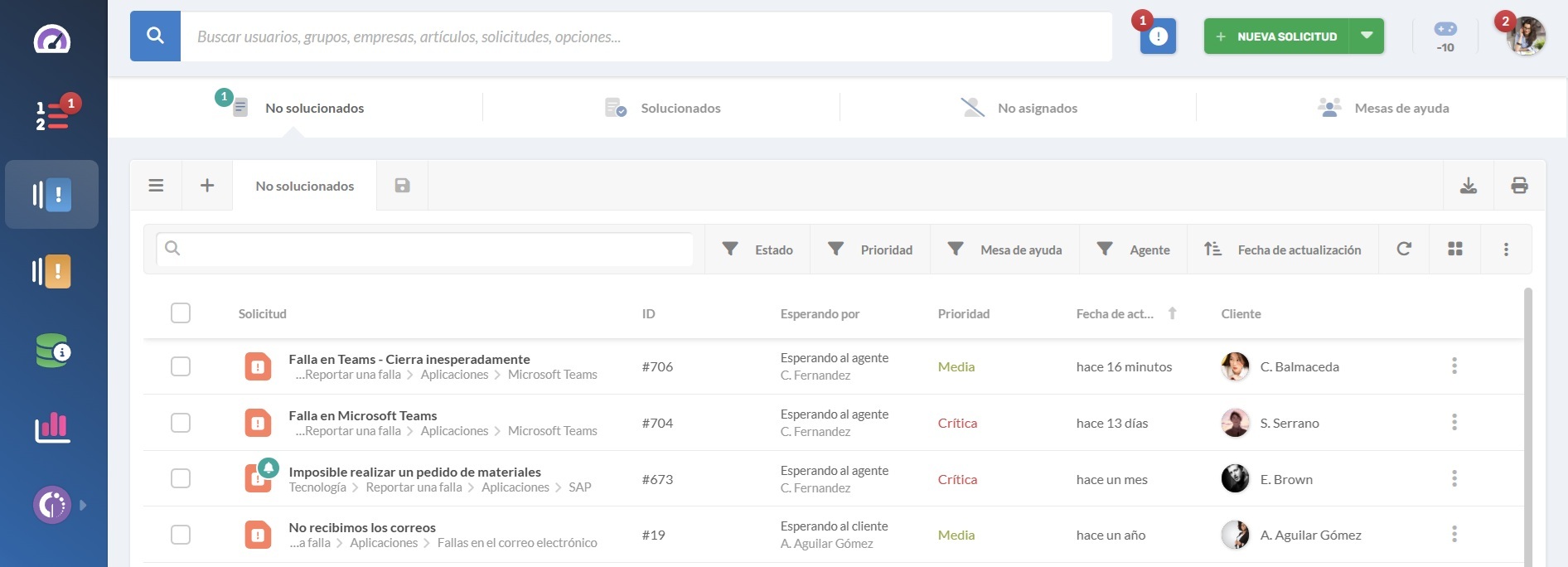 Captura de la sección de solicitudes para agentes de help desk en InvGate Service Management.