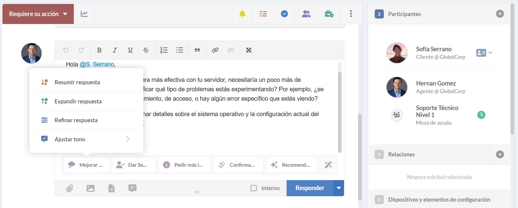 Captura de pantalla de sugerencias de respuesta a tickets con IA en InvGate Service Management.