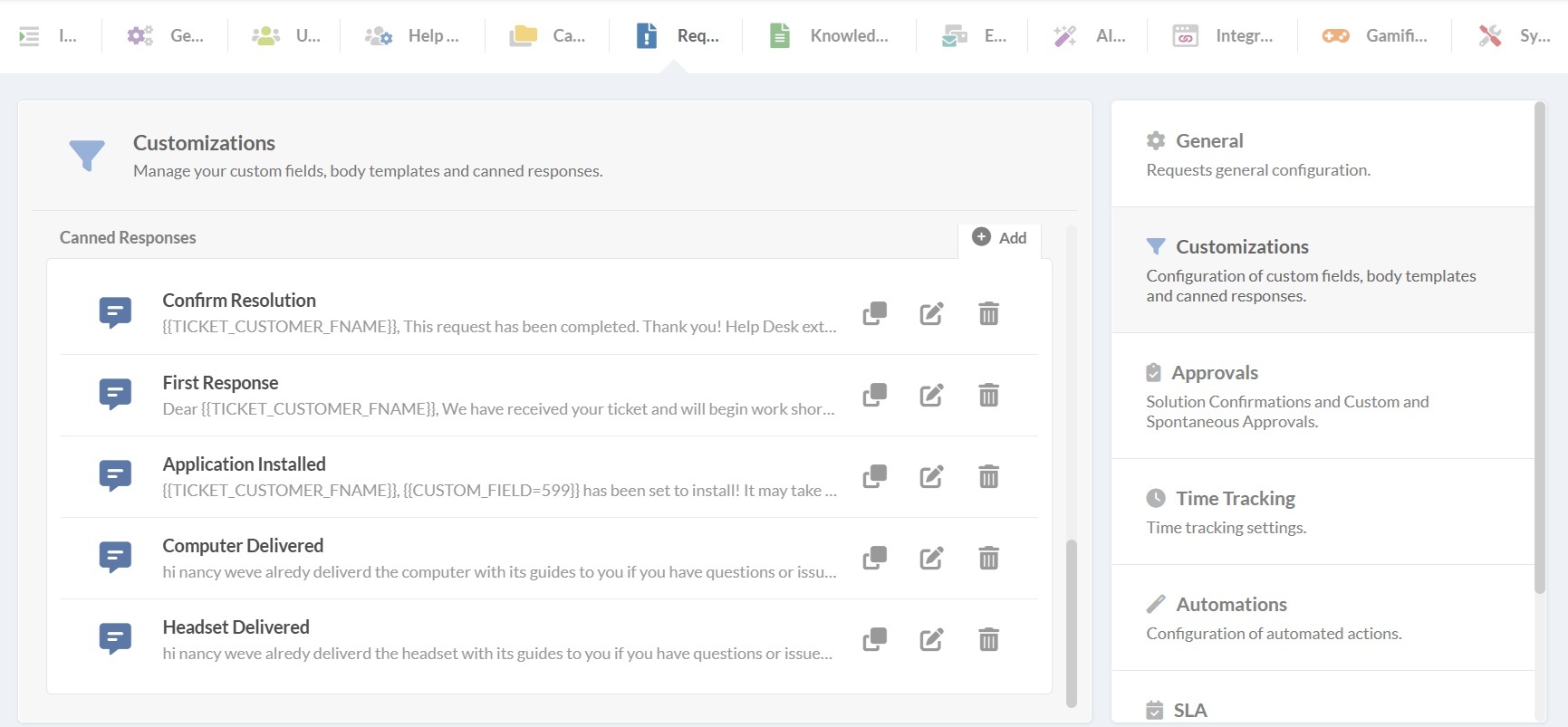 Captura de tela de respostas pré-definidas personalizadas no InvGate Service Management.