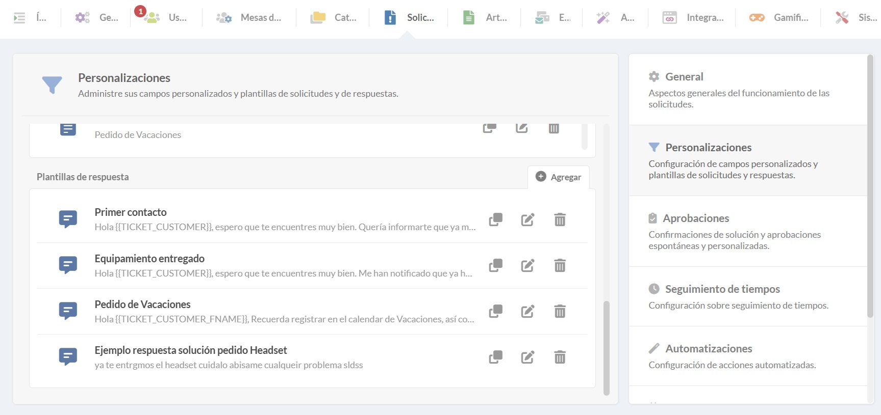 Captura de pantalla de plantillas de respuestas dentro de InvGate Service Management.