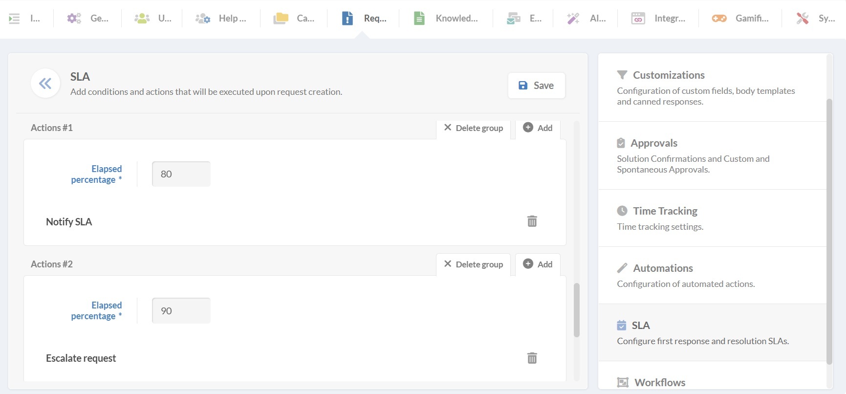 Captura de tela das opções de configuração do SLA no InvGate Service Management.