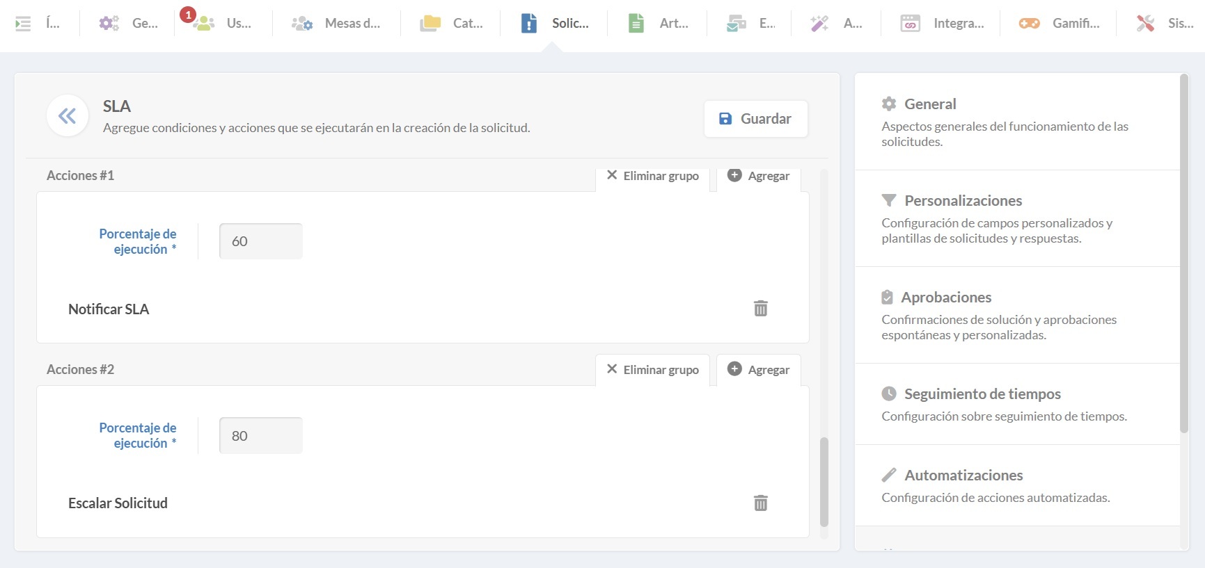 Captura de pantalla de las opciones de configuración de acciones al transcurrir un SLA dentro de InvGate Service Management.