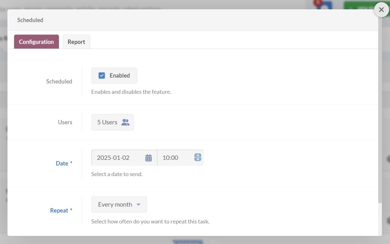 Captura de tela da configuração da automação de relatórios programados no InvGate Service Management.