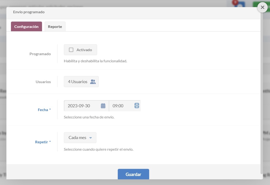 Captura de pantalla de la configuración de automatización de informes programados en InvGate Service Management.