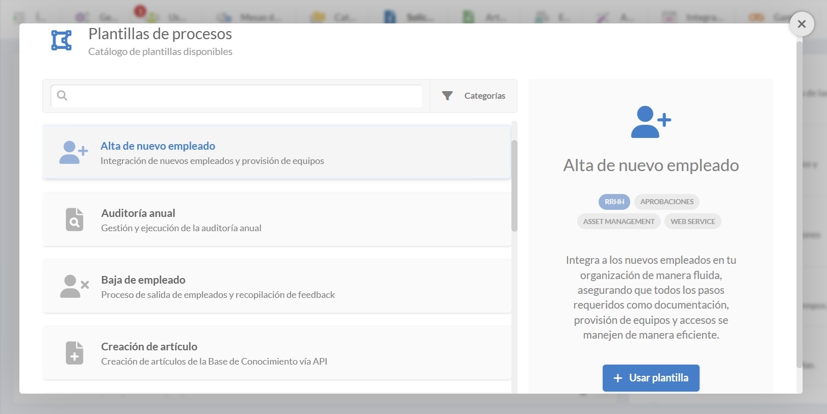 Captura de pantalla del menú de plantillas de procesos en InvGate Service Management con la opción de onboarding seleccionada.