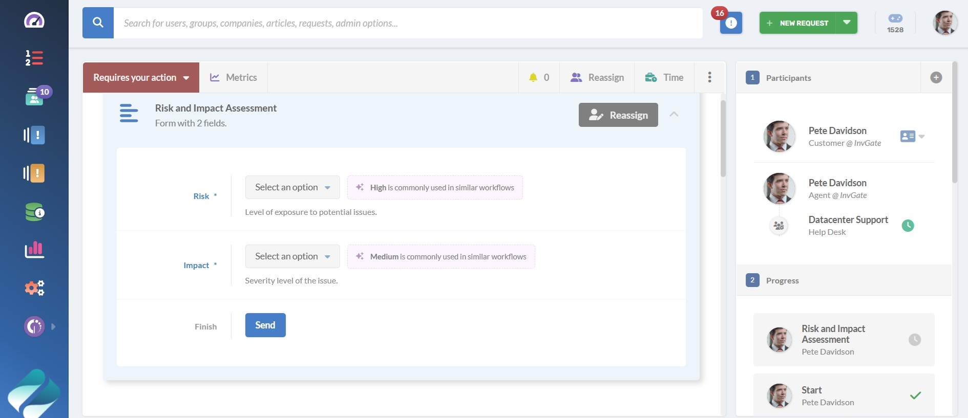 Screenshot of a risk and impact assessment suggestion wirth AI in InvGate Service Management.