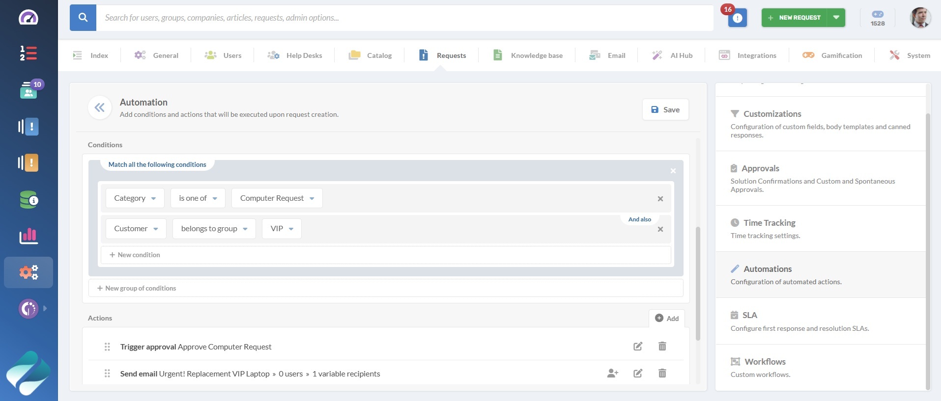 Screenshot of how to configure an automation based on AI customer sentiment analysis with InvGate Service Management.