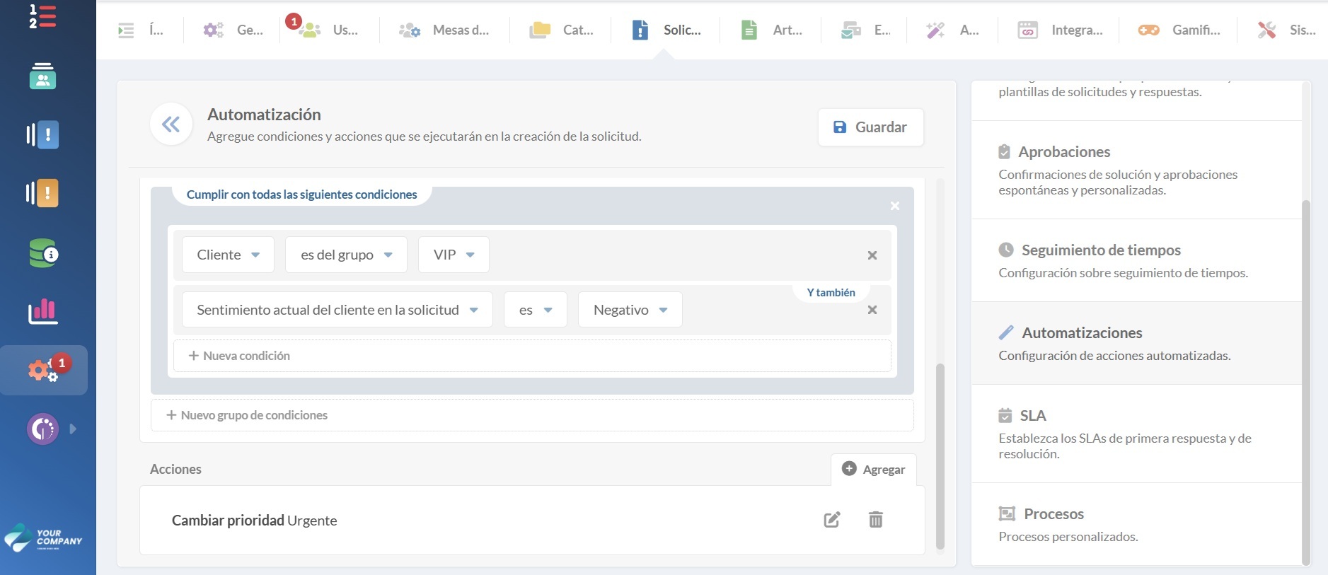 Captura de pantalla de cómo configurar una automatización basada en el análisis de sentimiento del cliente de IA con InvGate Service Management.