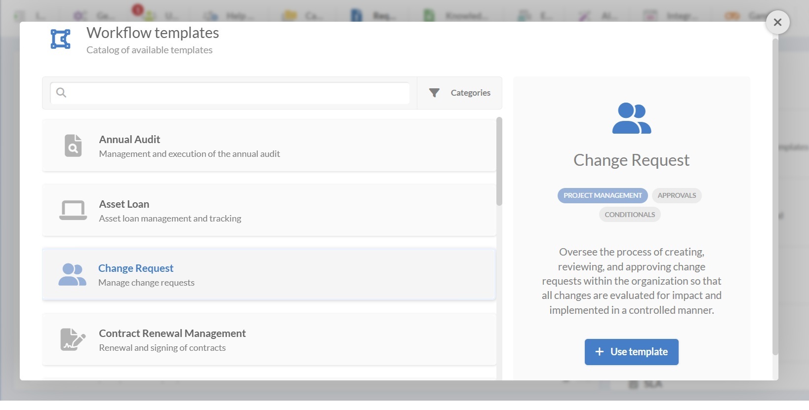 Screenshot of the workflow templates menu in InvGate Service Management with change request selected.