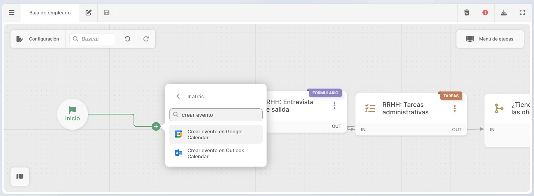 Captura de pantalla de un flujo de trabajo de baja de empleados en InvGate Service Management. Se muestra la adición de una acción automatizada "crear evento en calendario".