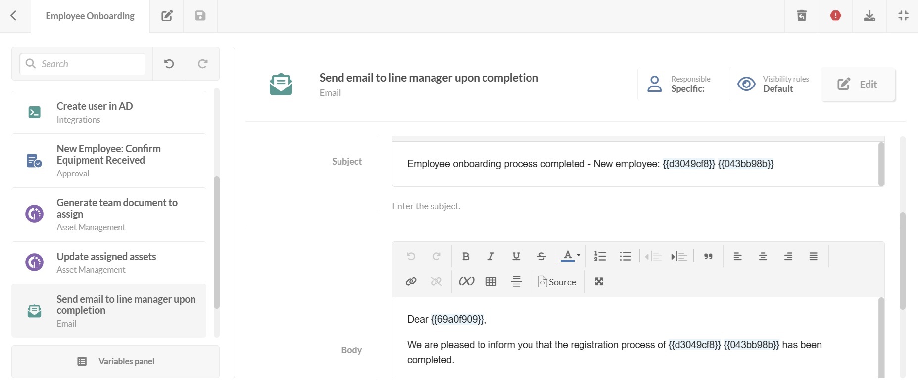 Screenshot of success email step, closing employee onboarding process on InvGate Service Management.