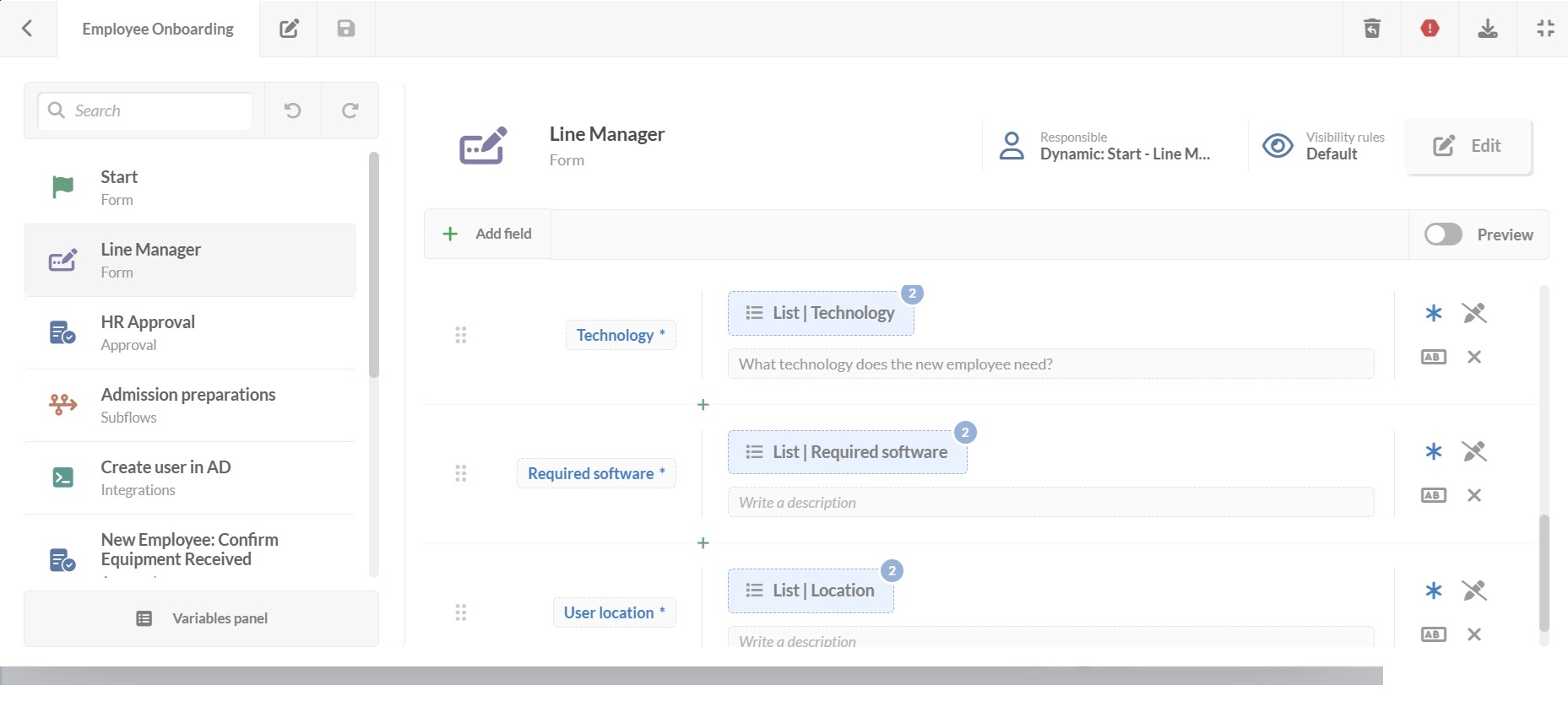 Screenshot of the line manager employee onboarding form in InvGate Service Management.