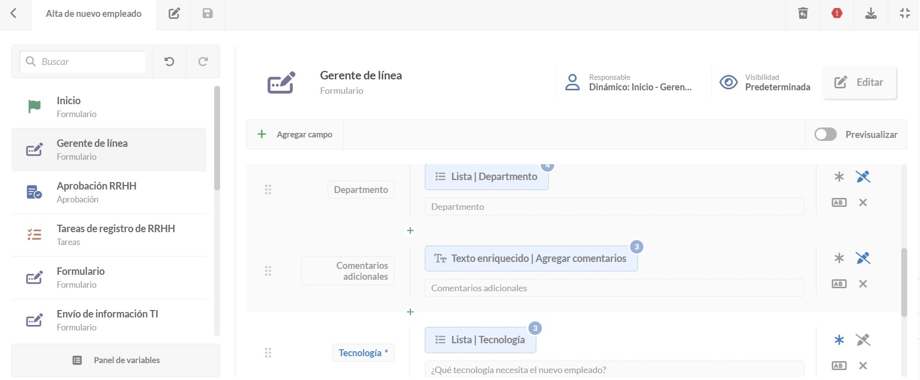 Captura de pantalla del formulario de gerente para onboarding de empleados en InvGate Service Management.