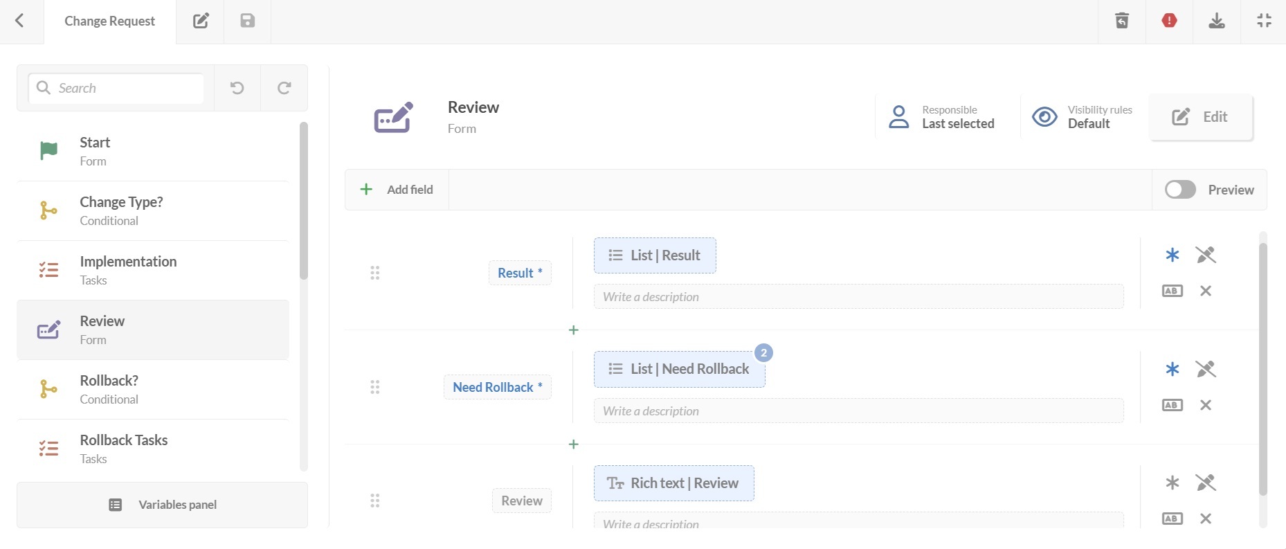  Screenshot of review form in the change request workflow in InvGate Service Management.