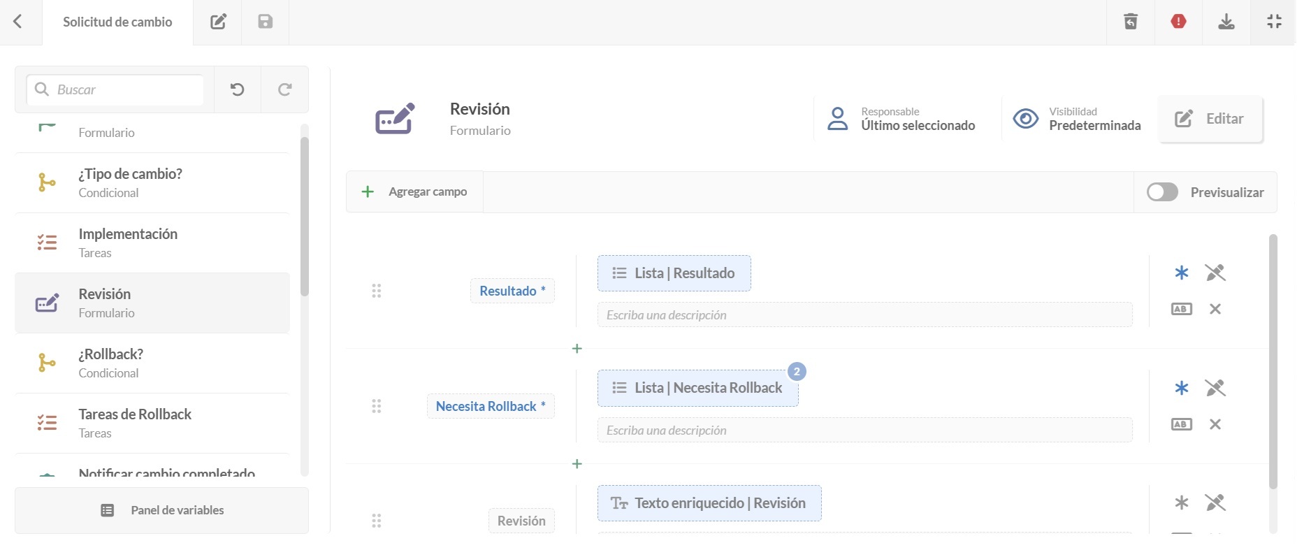 Captura de pantalla del formulario de revisión en el proceso de solicitud de cambios en InvGate Service Management.