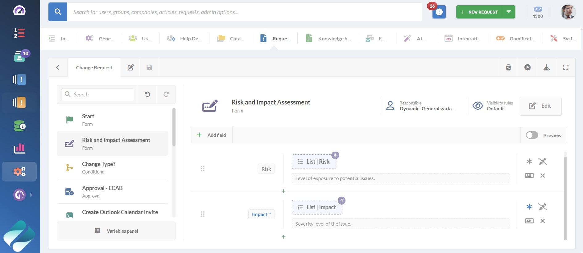 Risk and impact assessment workflow step in InvGate Service Management.