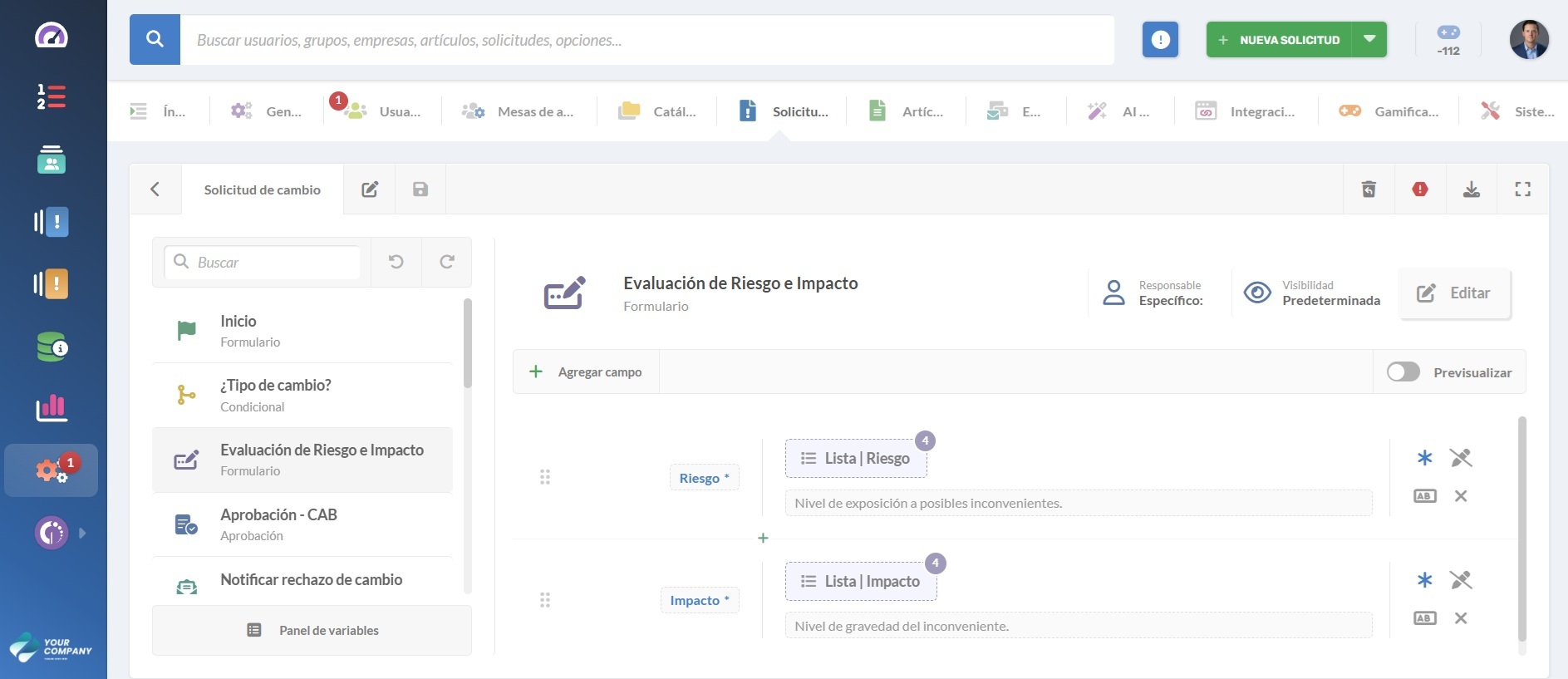 Evaluación de riesgo e impacto, paso en el workflow de Gestión de Cambios en InvGate Service Management.
