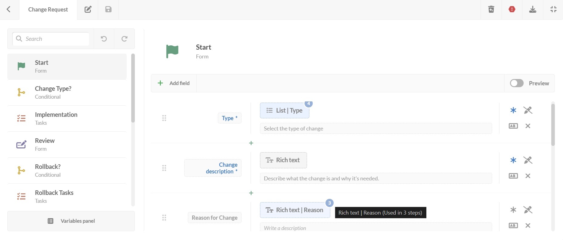 Screenshot of start form for change request workflow template in InvGate Service Management.