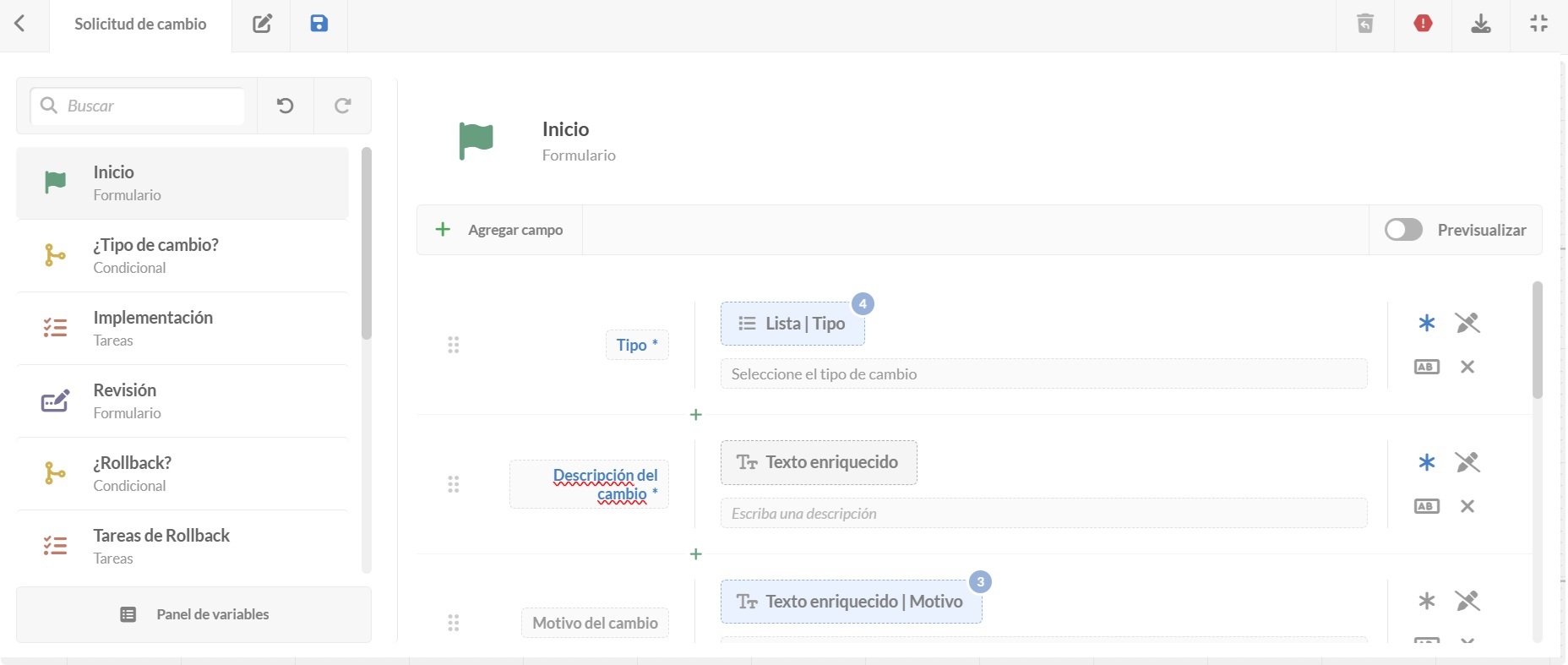 Captura de pantalla de un proceso de solicitud de cambios en el editor de diagramas de InvGate Service Management.