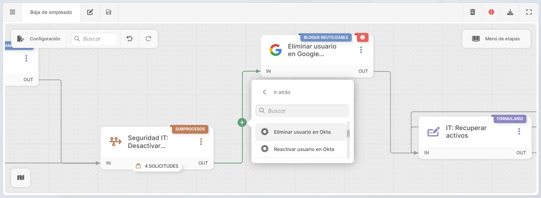 Captura de pantalla de un flujo de trabajo de baja de empleados en InvGate Service Management. Se muestra la adición de una acción automatizada: "eliminar usuario".