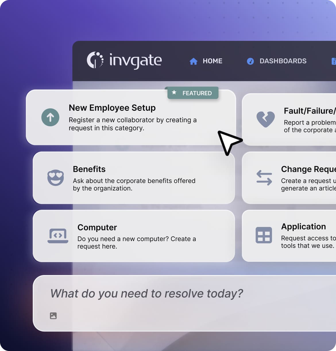 InvGate service catalog with featured requests like New Employee Setup, Benefits, Computer, and Change Request.