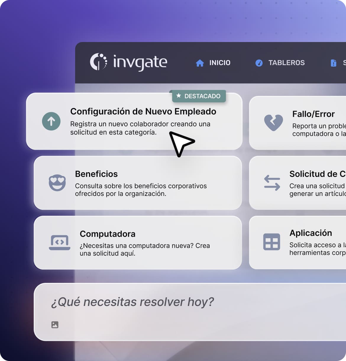 Catálogo de servicios de InvGate con solicitudes destacadas como alta de empleado, beneficios, computadora y change request.