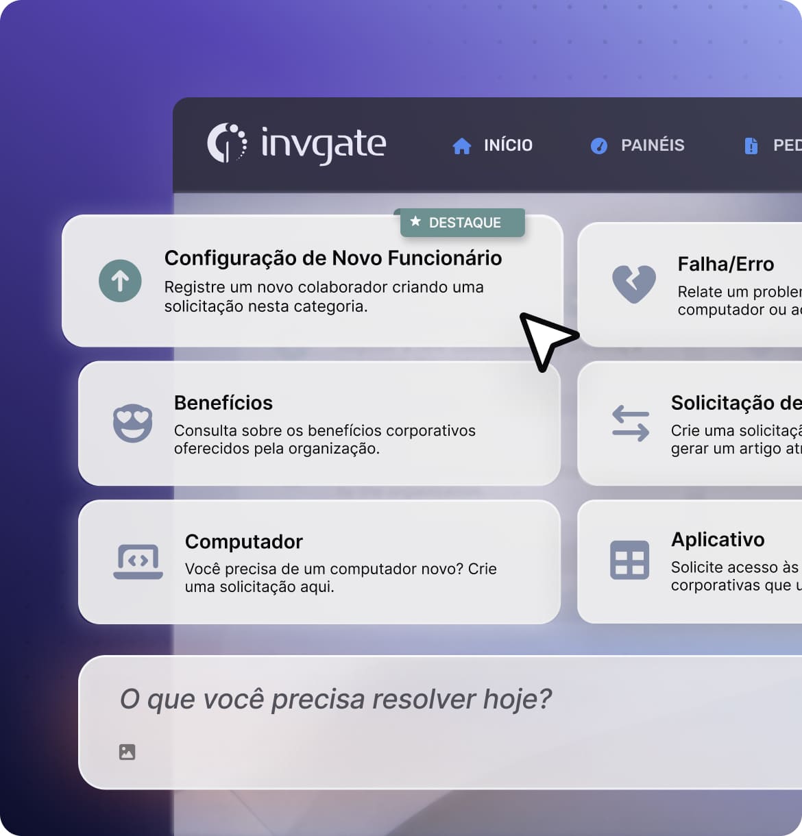 Catálogo de serviços da InvGate com solicitações em destaque como onboarding, benefícios, computador e change request.