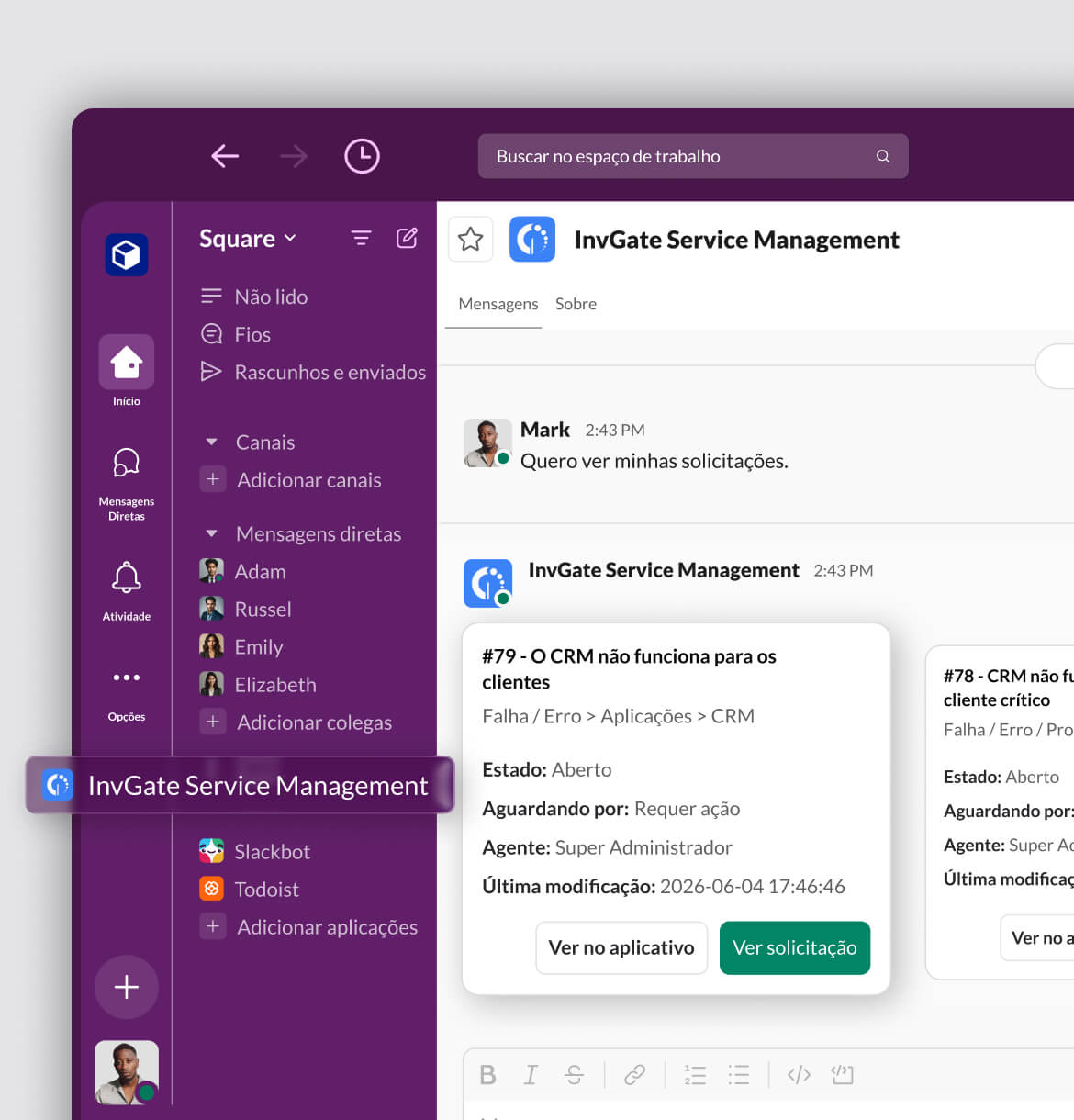 Suporte direto no Slack